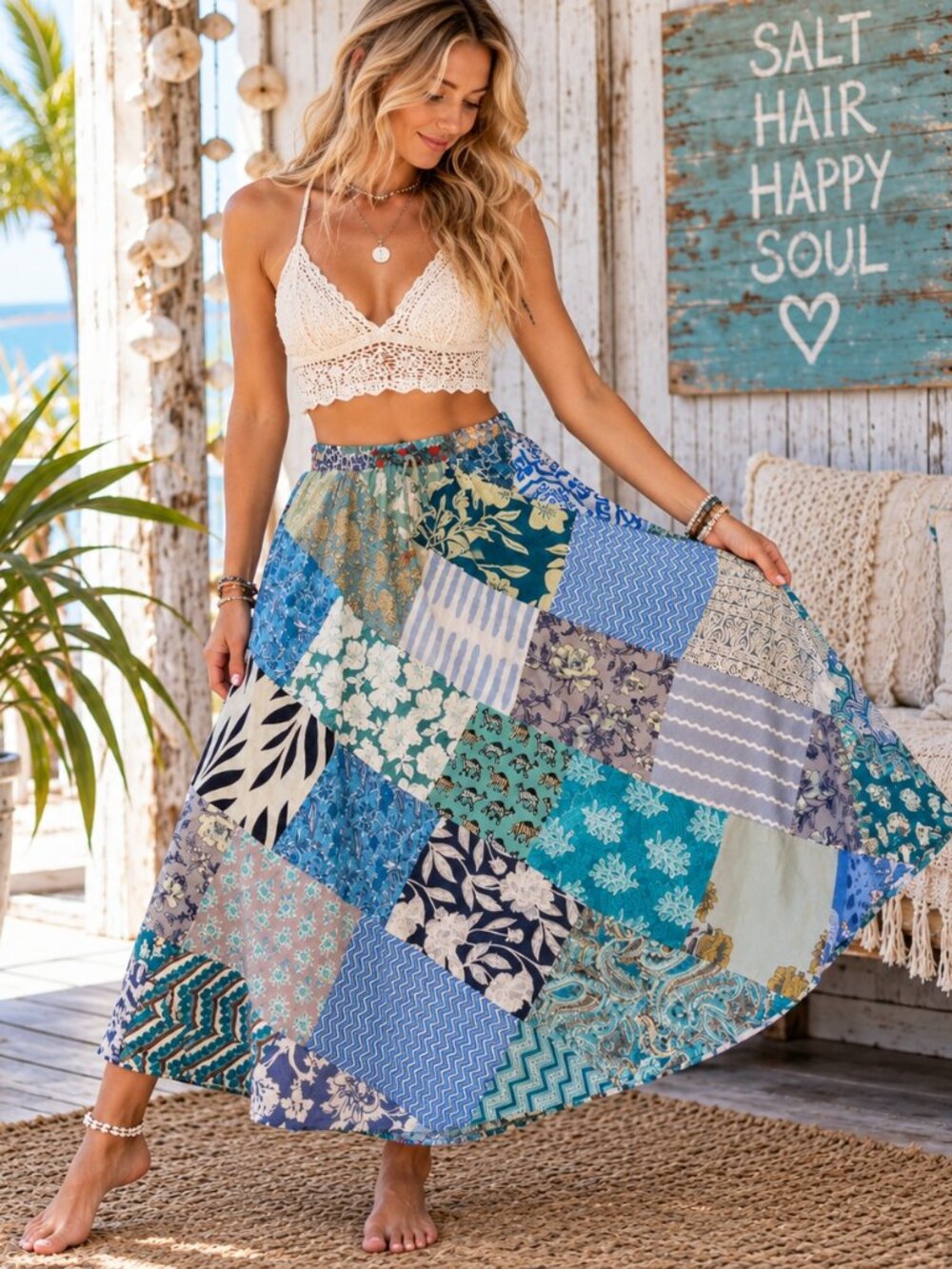 NWT Cotton Oblique Patchwork Drawstring Skirt-X-Large